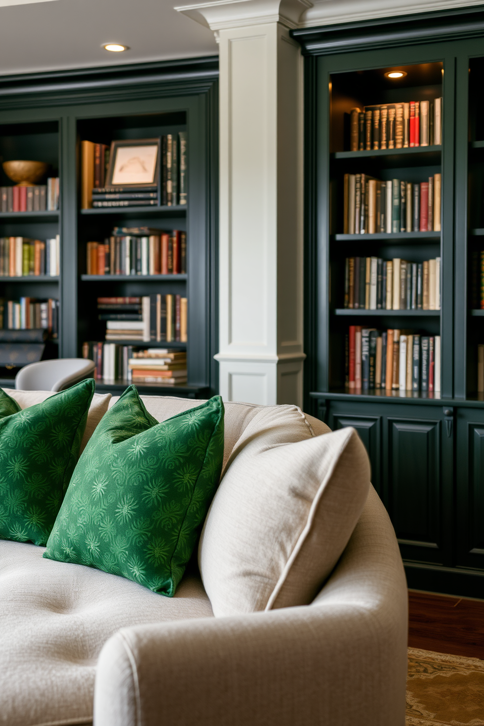 Create a cozy living room featuring a plush sofa adorned with green patterned throw pillows that add a touch of elegance. The space is complemented by a rich dark green home library design, showcasing built-in shelves filled with books and warm lighting that invites relaxation.