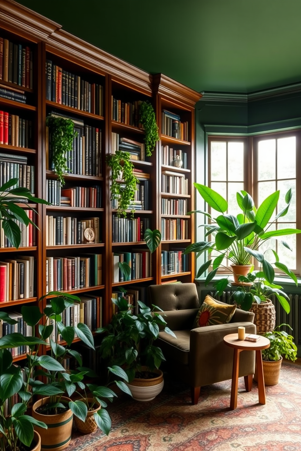 A cozy home library filled with dark green hues. The walls are lined with rich wooden bookshelves that reach the ceiling, showcasing an extensive collection of books. Lush potted plants are strategically placed throughout the space, adding life and vibrancy. A comfortable reading chair upholstered in deep green fabric sits in the corner, inviting relaxation and contemplation.