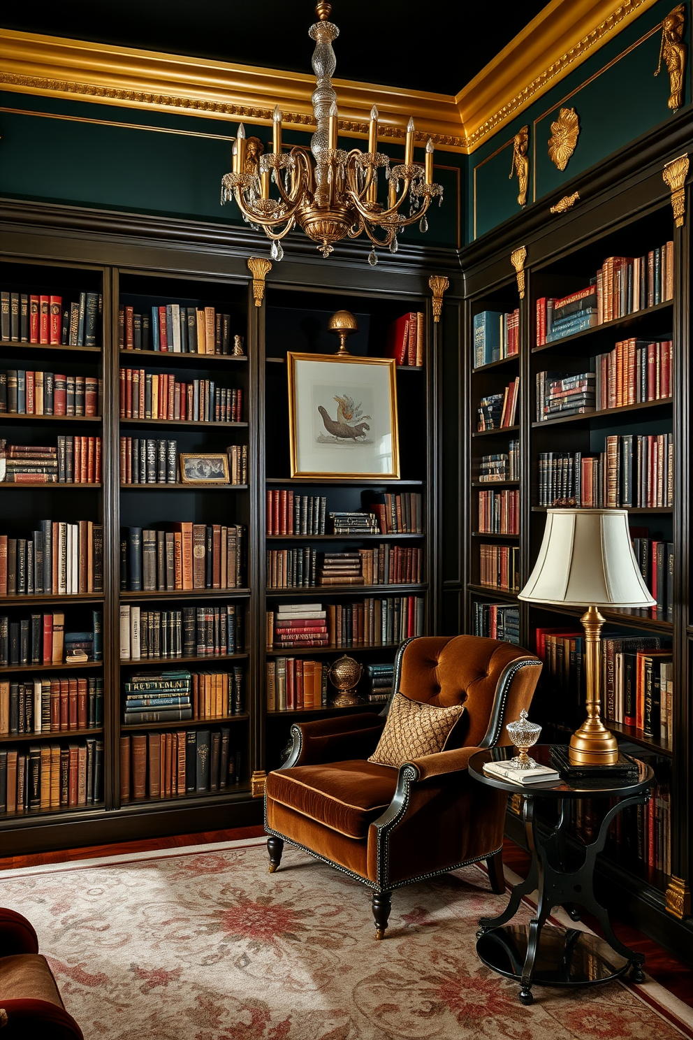 A cozy home library featuring dark green walls adorned with gold accents. Elegant wooden bookshelves fill the space, showcasing a curated collection of books and decorative items. A plush reading chair in a rich fabric sits in the corner, complemented by a small side table with a vintage lamp. Soft lighting highlights the gold details, creating a warm and inviting atmosphere.