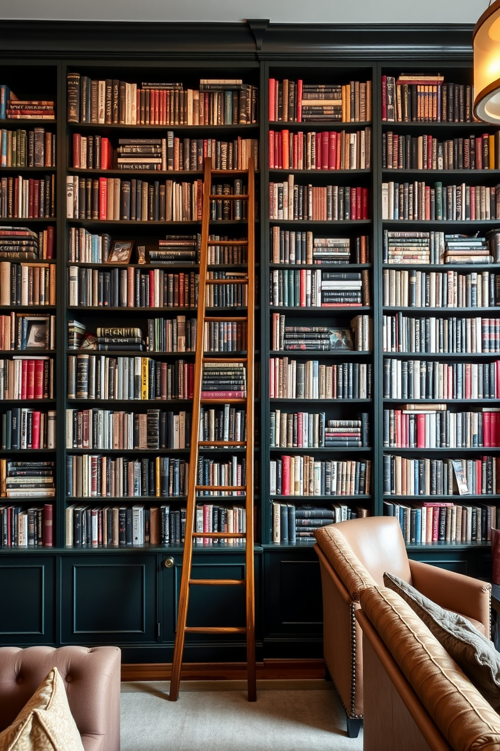 A cozy home library featuring a dark green accent wall behind a sleek wooden desk. The space is filled with floor-to-ceiling bookshelves adorned with a mix of classic novels and modern decor.