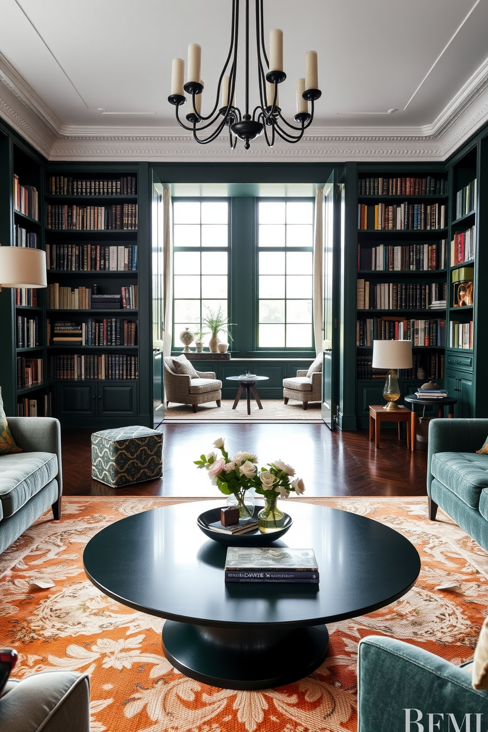 Chic coffee table in dark green hue. The table is set in a cozy living room with plush seating and a warm rug underneath. Dark green home library design ideas. The library features floor-to-ceiling bookshelves, a comfortable reading nook, and elegant lighting fixtures that enhance the rich color scheme.