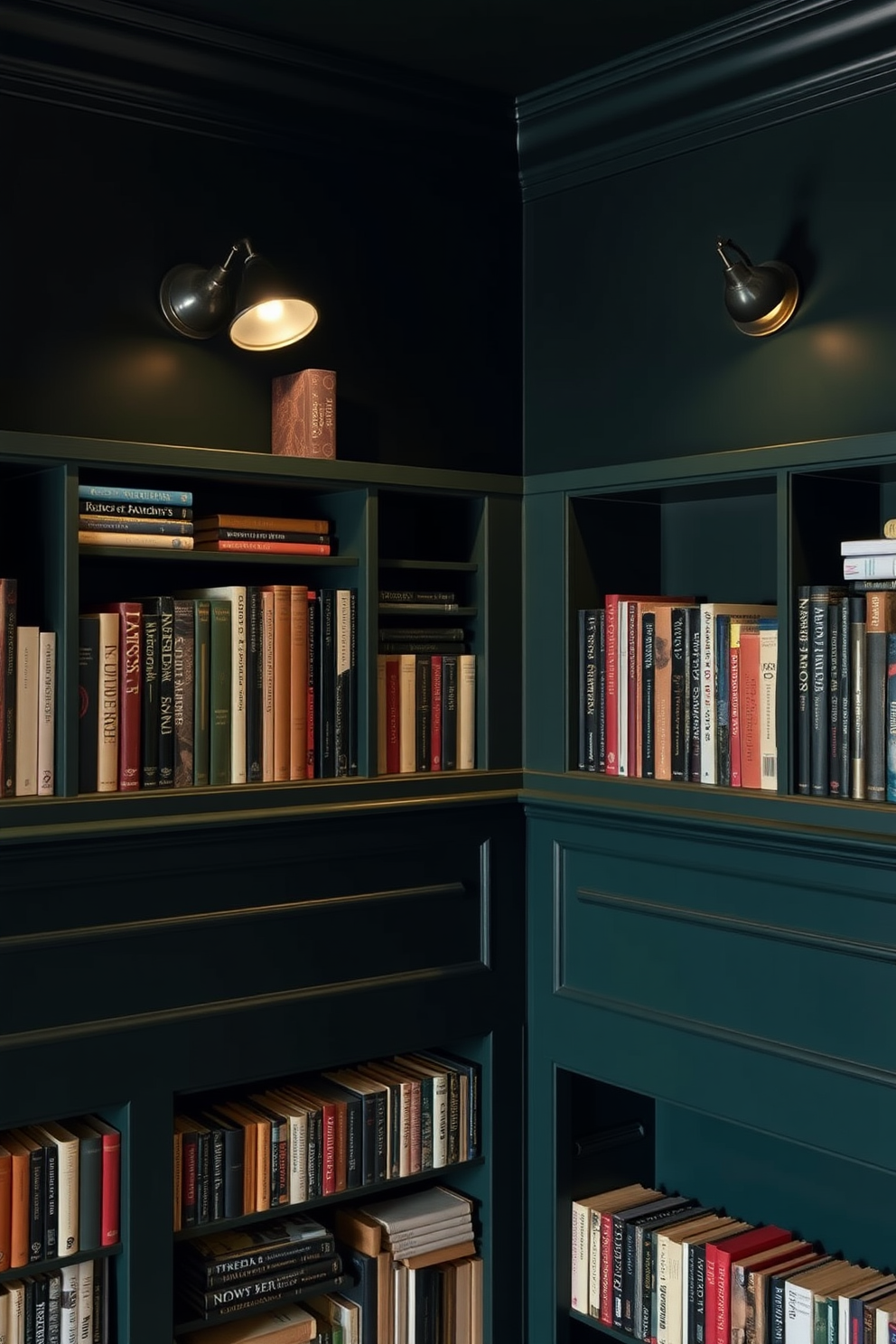 A cozy home library featuring dark green walls that create a rich and inviting atmosphere. Wall-mounted lights are strategically placed above the reading area to provide focused illumination for book lovers.