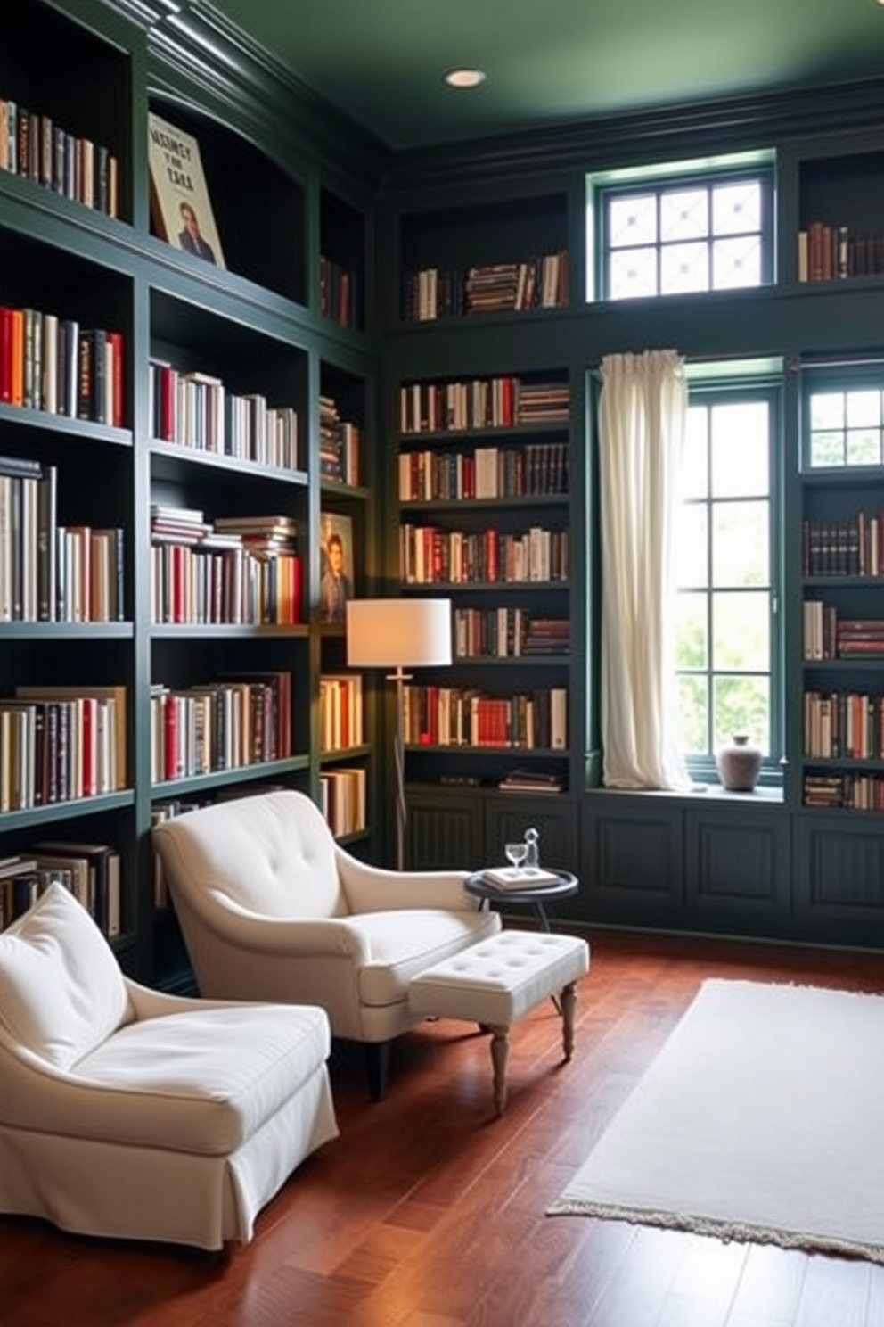 A cozy home library featuring dark green walls adorned with built-in wooden bookshelves filled with an array of books. A plush white armchair sits in the corner, complemented by a small round side table and a stylish floor lamp that casts a warm glow. The flooring is a rich dark wood that contrasts beautifully with the dark green walls. A large window lets in natural light, framed by sheer white curtains that gently billow with the breeze.