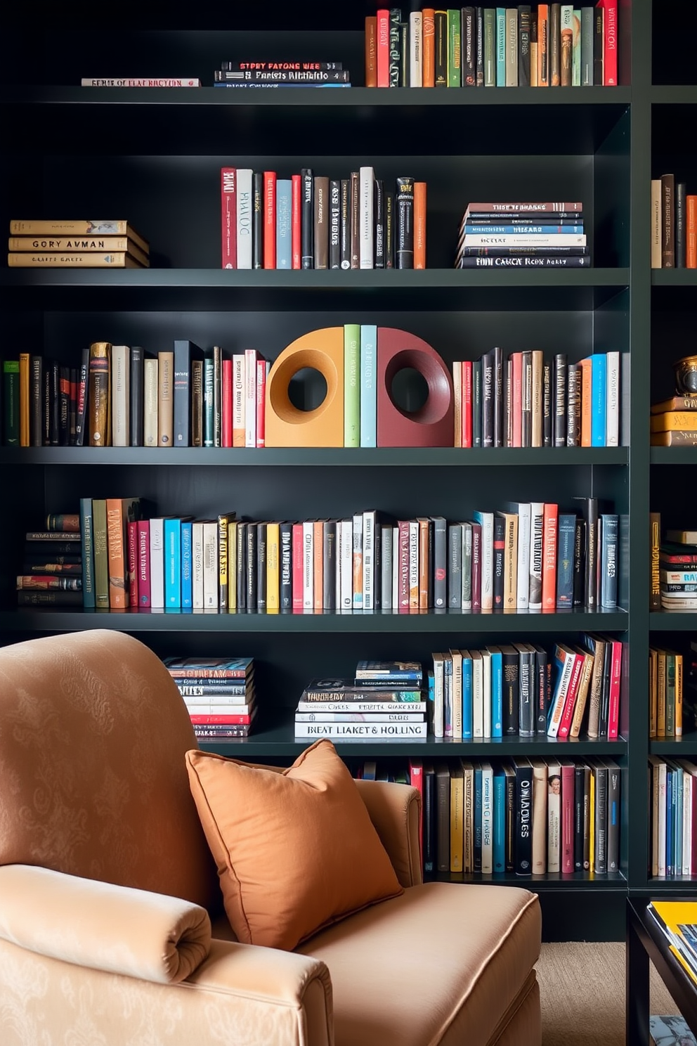 Artistic bookends in contrasting colors create a striking focal point in a dark green home library. The shelves are filled with an eclectic mix of books, while a plush armchair in a complementary hue invites reading and relaxation.