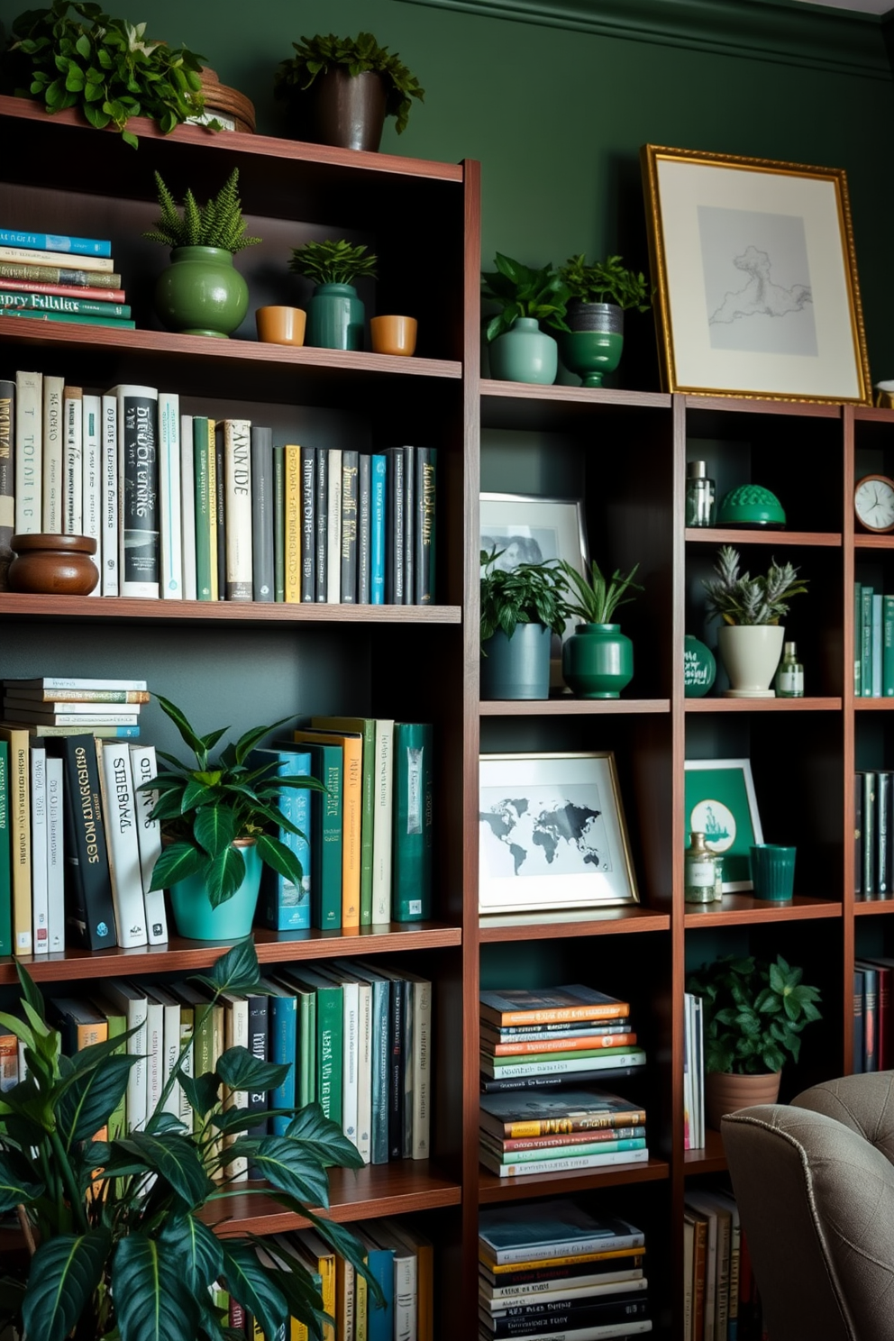 A personalized bookshelf styled with an array of green decor elements. The shelves are filled with books of varying sizes, interspersed with potted plants and decorative items in shades of green. The walls of the home library are painted in a deep green hue, creating a cozy and inviting atmosphere. Soft lighting illuminates the space, highlighting the textures of the wooden shelves and the lush greenery throughout.