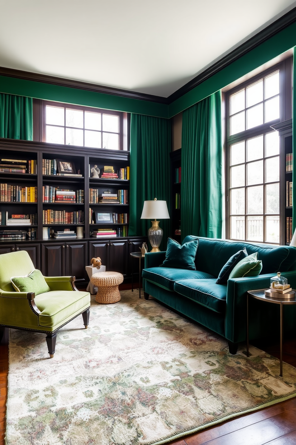 Layered textures with green fabrics create a cozy and inviting atmosphere in a home library. Rich emerald green curtains frame the windows, complementing plush velvet cushions on a deep green sofa. Dark wood bookshelves line the walls, filled with an array of books and decorative items. A soft area rug in varying shades of green anchors the space, while a stylish reading lamp casts a warm glow over a comfortable armchair.