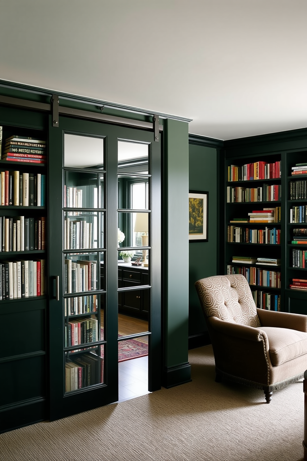 A unique coffee table crafted from dark wood serves as the centerpiece of the room. It features intricate carvings that add character and warmth to the space. The home library is designed with rich dark green walls that create a cozy and inviting atmosphere. Floor-to-ceiling bookshelves line the walls, filled with an array of books and decorative items.