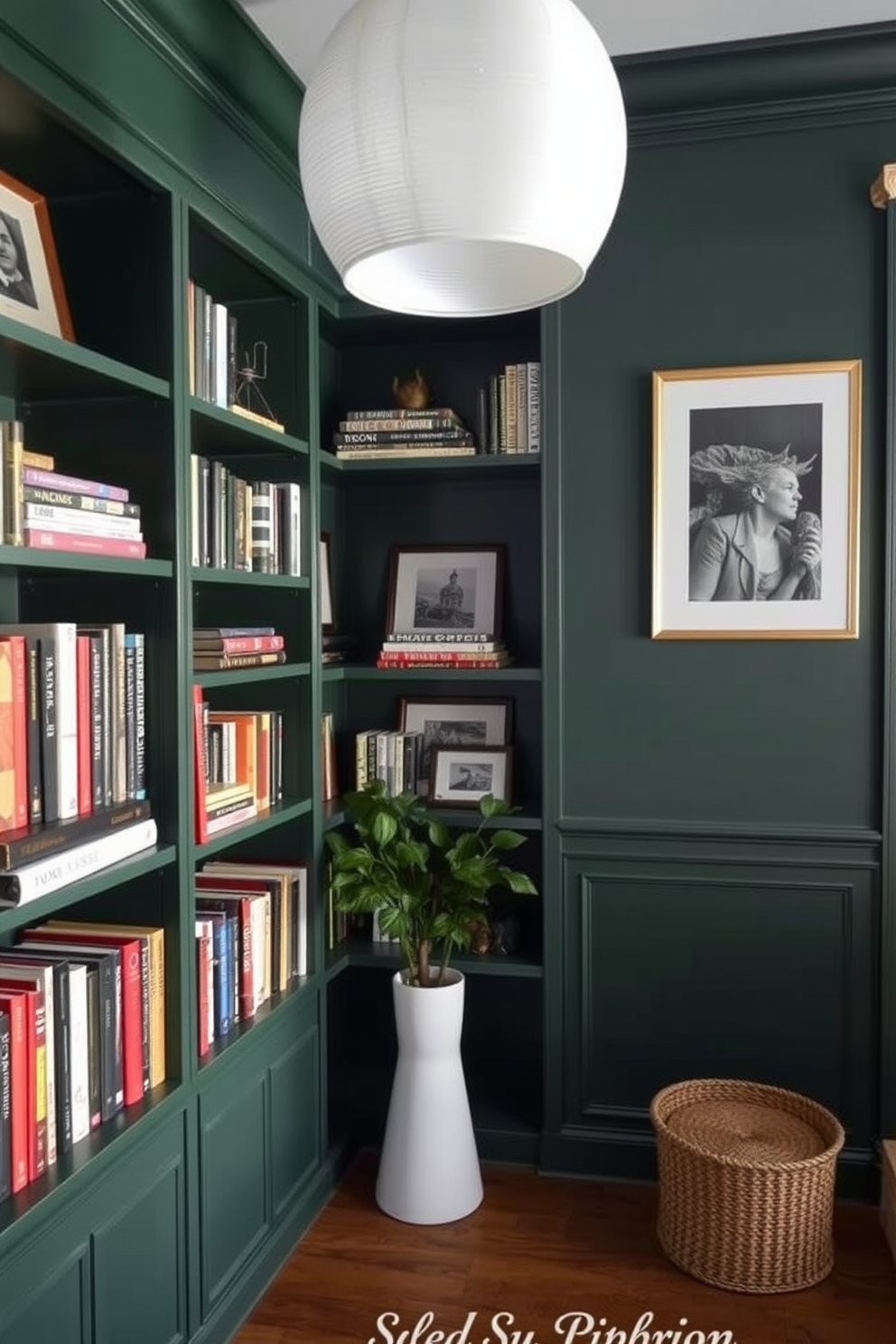 A cozy home library with dark green walls creates an inviting atmosphere. Corner shelves are creatively utilized to display books and decorative items, enhancing the room's charm.