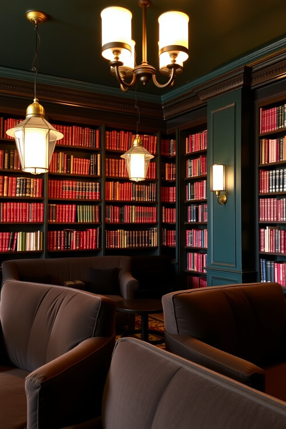 A cozy home library featuring an accent chair upholstered in a vibrant patterned green fabric. The walls are lined with dark wood bookshelves filled with an array of books, creating an inviting and intellectual atmosphere.