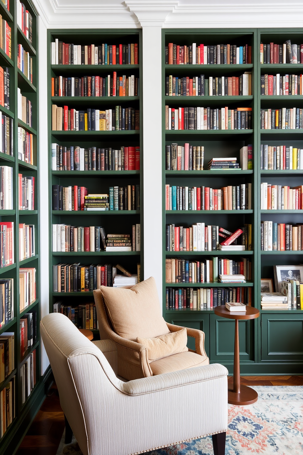 A cozy home library featuring floor to ceiling bookshelves in deep green. The shelves are filled with an array of books, and a comfortable reading nook is positioned nearby with a plush armchair and a small side table.