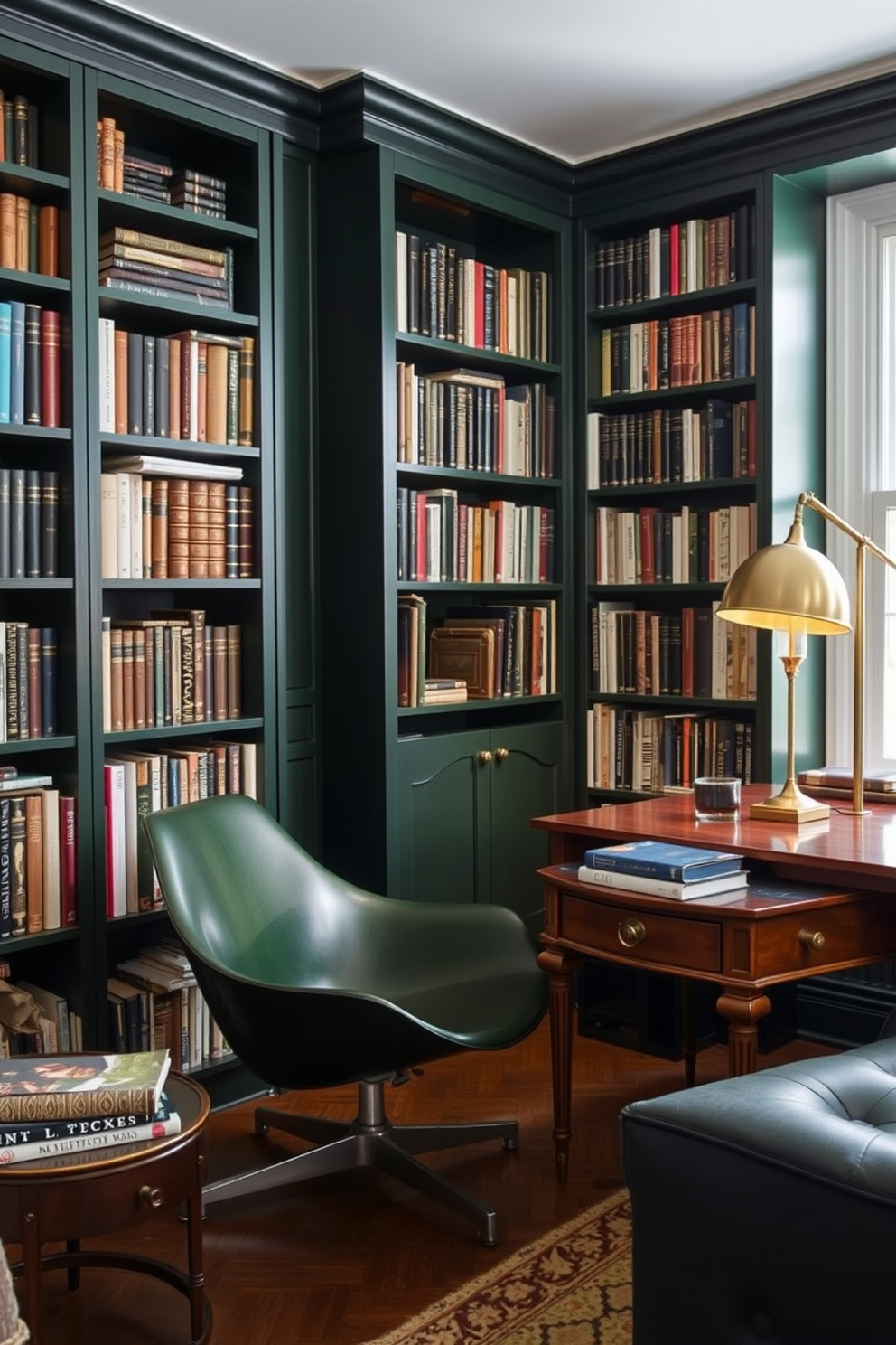 A cozy home library featuring a mix of modern and vintage dark green furniture. The walls are adorned with dark green bookshelves filled with books, complemented by a sleek modern reading chair in a matching hue. A vintage wooden desk sits in one corner, paired with an antique brass lamp that adds warmth to the space. Soft lighting from a stylish floor lamp creates an inviting atmosphere for reading and relaxation.