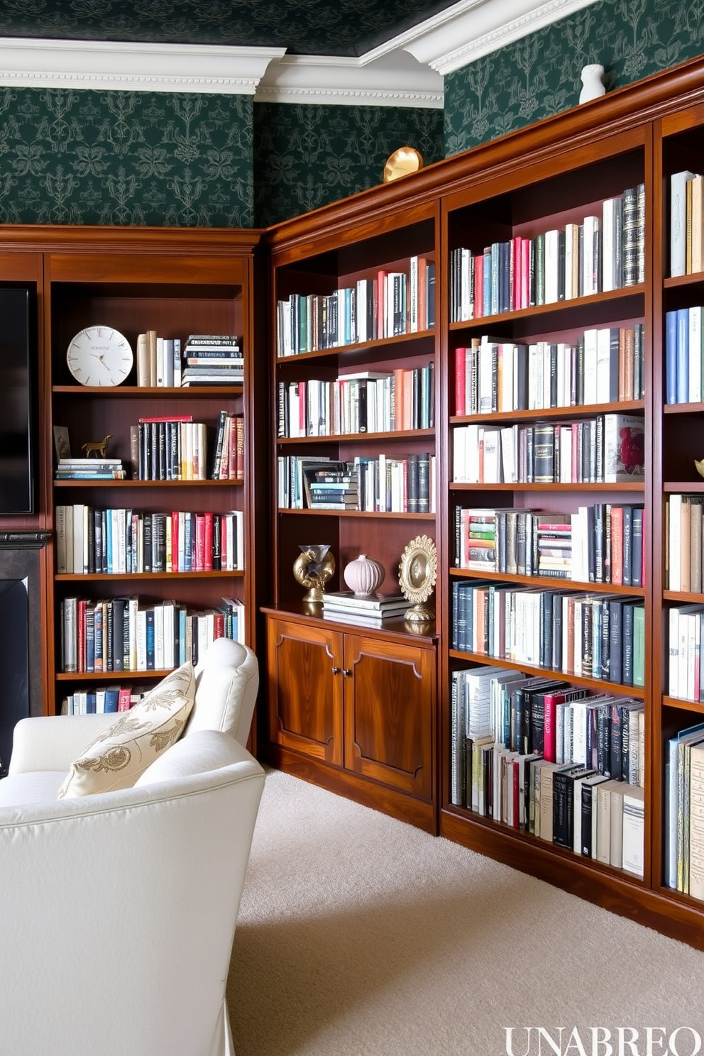 A cozy home library featuring layered lighting to create a warm ambiance. The walls are painted in a deep dark green, complemented by rich wooden bookshelves filled with an array of books. Soft recessed lights illuminate the space, while elegant floor lamps provide additional warmth. A plush reading chair sits in the corner, accompanied by a small side table adorned with a decorative lamp.