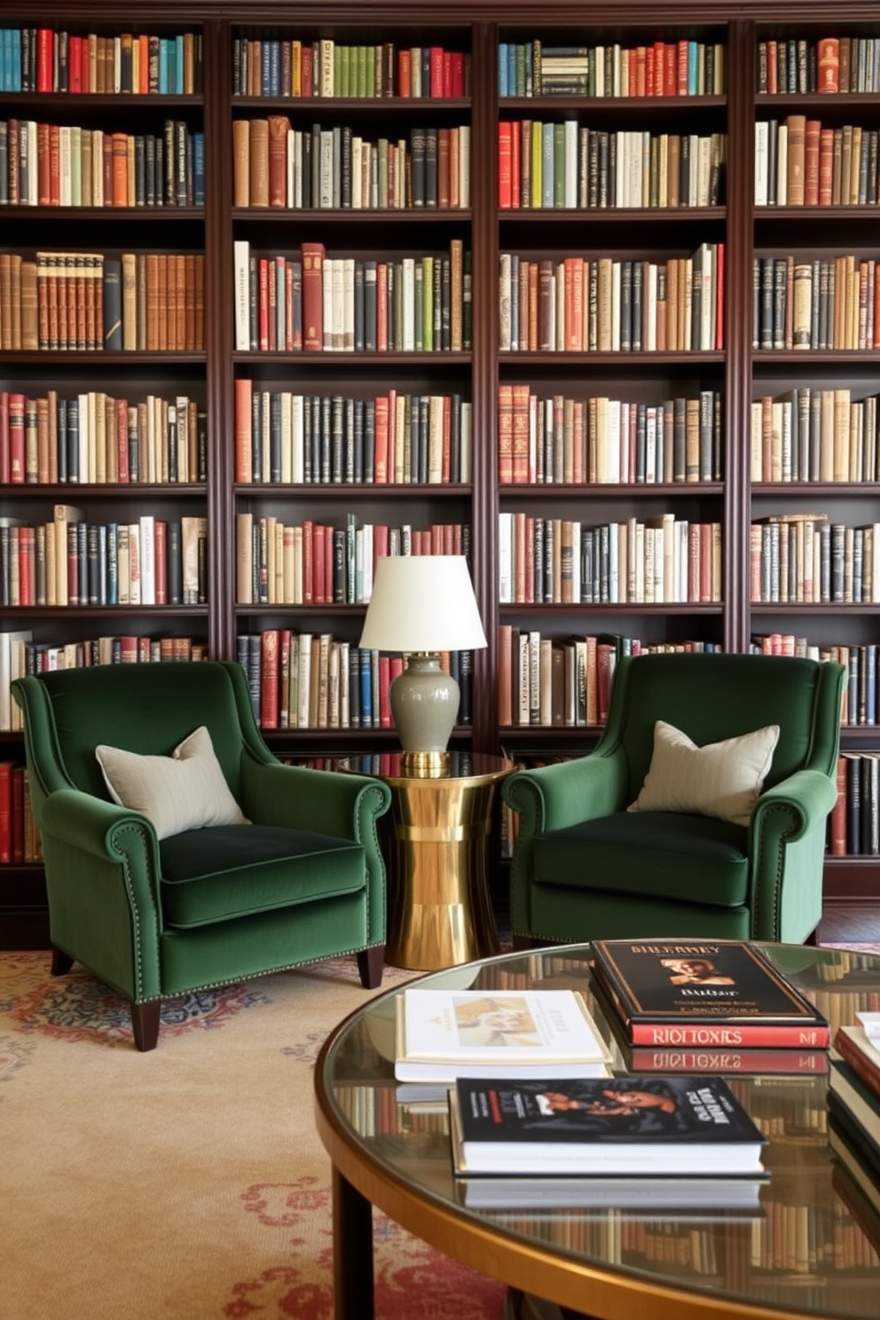 Rich green wallpaper with gold trim creates an elegant backdrop for a cozy home library. Dark wood bookshelves line the walls, filled with an array of books, while a plush emerald green armchair invites you to settle in with your favorite read.