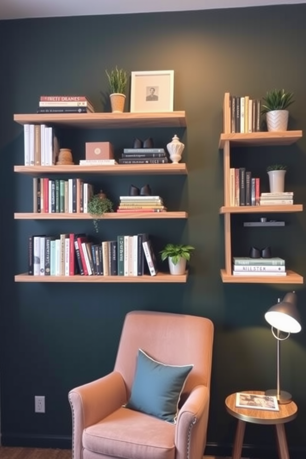 An eclectic home library featuring a rich dark green color scheme. The walls are lined with shelves filled with a diverse collection of books and art pieces, creating a vibrant and inviting atmosphere. Comfortable seating options are arranged throughout the space, including a plush armchair and a vintage sofa. Soft lighting from stylish lamps highlights the unique artwork and adds warmth to the room.