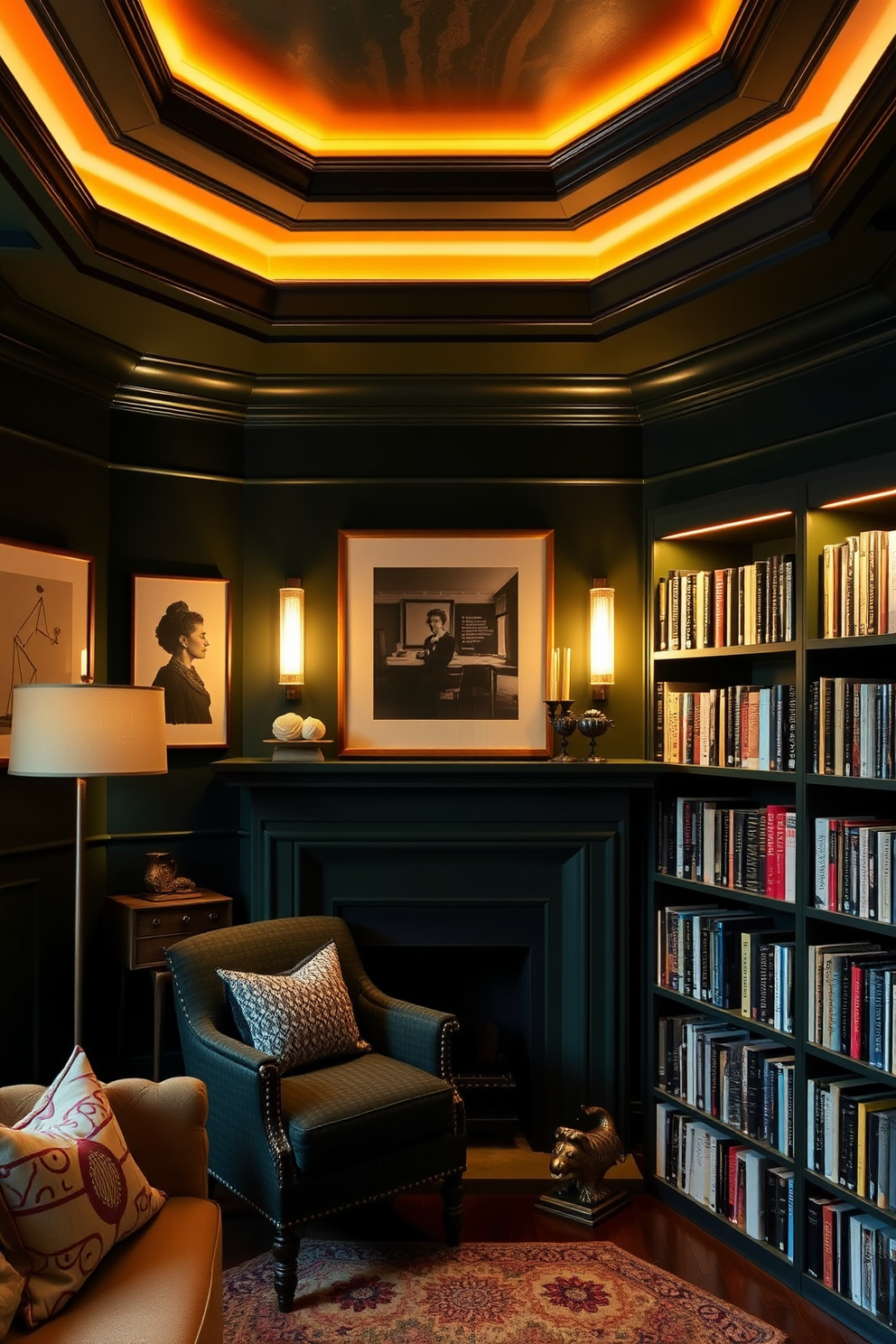 A cozy home library featuring dark green window treatments that add a touch of elegance to the space. The walls are lined with dark wood bookshelves filled with an array of books, and a plush reading chair sits in the corner, inviting relaxation. Richly textured dark green curtains frame the windows, allowing soft natural light to filter in while providing privacy. A warm area rug anchors the room, complementing the deep hues of the furniture and enhancing the inviting atmosphere.