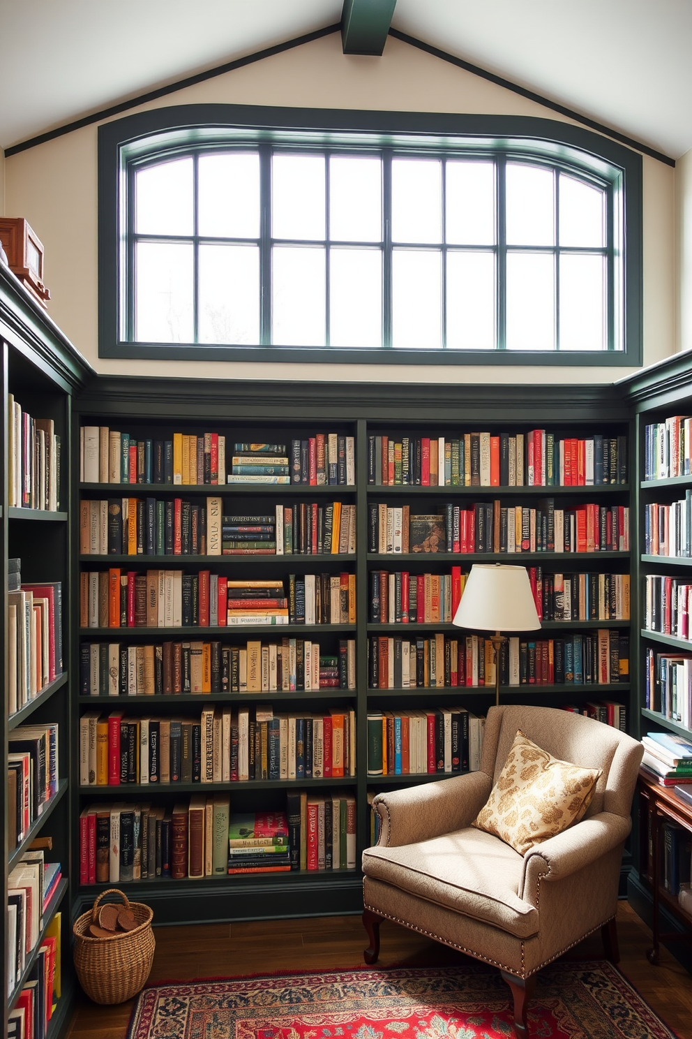 A cozy home library with dark green trim on white windows creating a striking contrast. The shelves are filled with an extensive collection of books, and a plush reading chair is nestled in the corner, inviting relaxation.