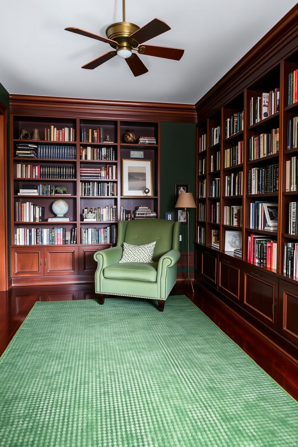 A cozy home library featuring deep dark green walls that create an inviting atmosphere. The space is adorned with a textured green area rug that adds depth and warmth to the hardwood floor. Rich wooden bookshelves line the walls, filled with an array of books and decorative items. A plush armchair in a complementary shade sits in the corner, inviting you to settle in with a good read.