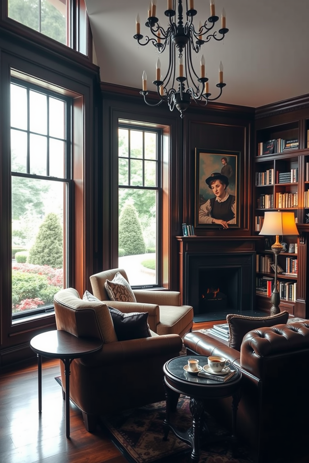 A cozy reading nook featuring dark wood shelves filled with an array of books and decorative items. A plush armchair upholstered in rich fabric is positioned near a large window, allowing natural light to flood the space. The walls are painted in a deep, warm hue, creating an inviting atmosphere. A soft area rug lies beneath the chair, and a small side table holds a steaming cup of tea and a reading lamp for added comfort.