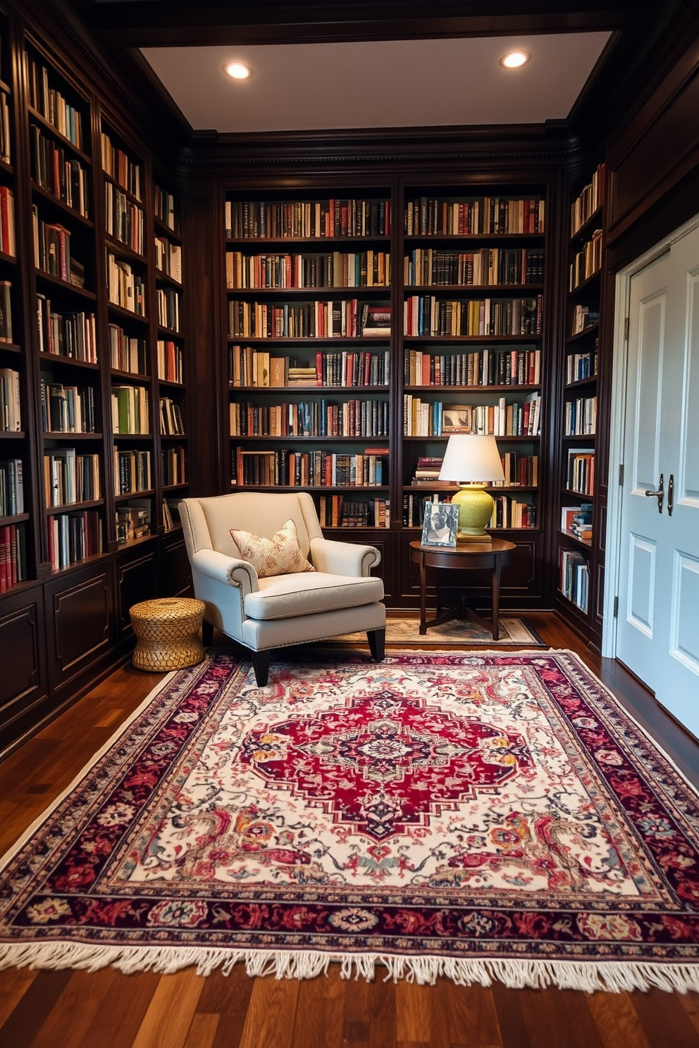 A cozy home library featuring layered rugs that add warmth and texture to the space. The walls are lined with dark wooden bookshelves filled with an array of books, while a plush armchair sits invitingly in the corner. The room is illuminated by soft, ambient lighting, creating a serene atmosphere for reading. A large, ornate rug anchors the seating area, complemented by smaller, patterned rugs layered on top for added depth.