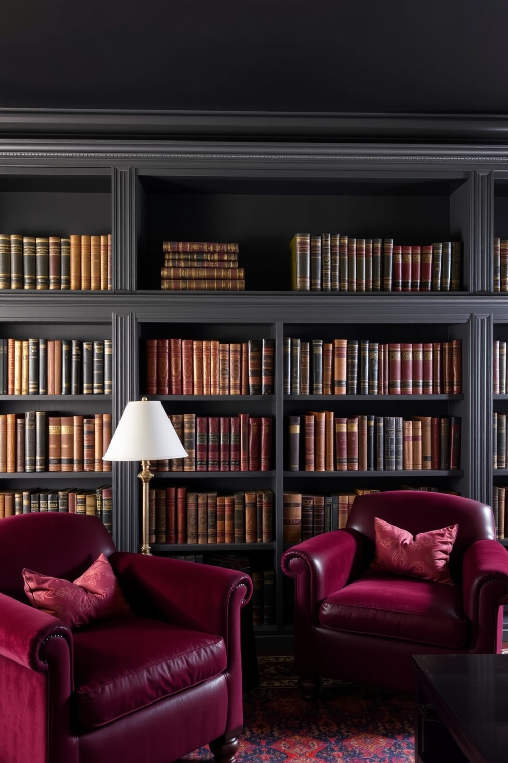 A dark and moody home library features classic leather-bound books elegantly arranged on wooden shelves. The walls are painted in a deep charcoal hue, and plush armchairs in rich burgundy provide a cozy reading nook.