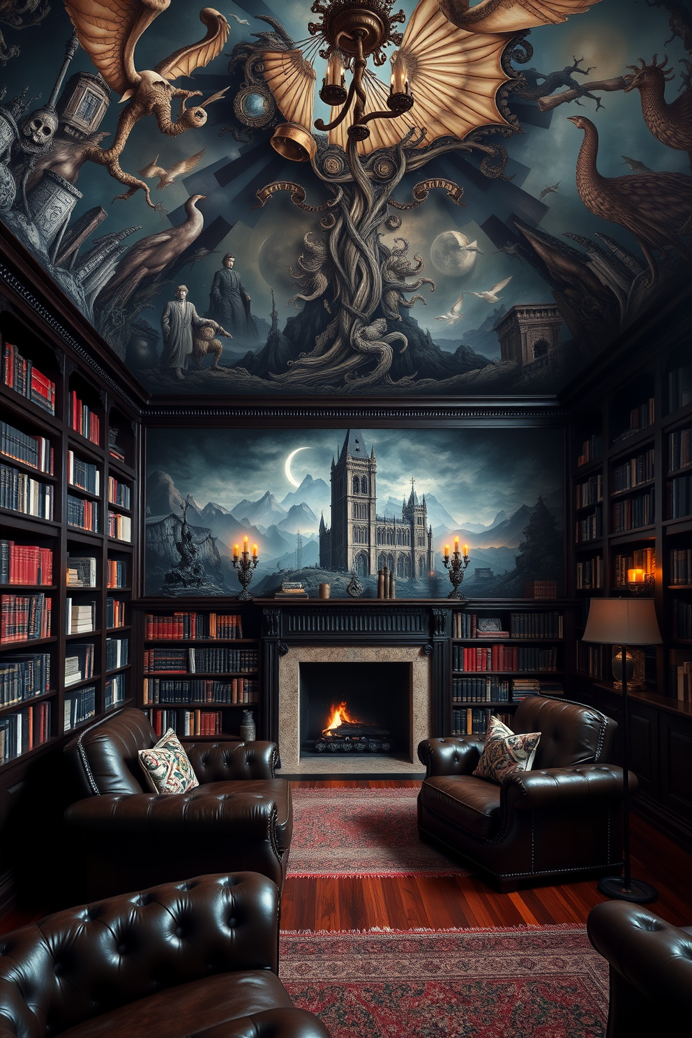 Artistic murals create a captivating focal point in a dark home library. The walls are adorned with intricate, hand-painted scenes that evoke a sense of wonder and creativity. The library features rich, dark wood bookshelves filled with an extensive collection of books. Plush leather seating provides comfort, while soft, ambient lighting enhances the dramatic atmosphere.