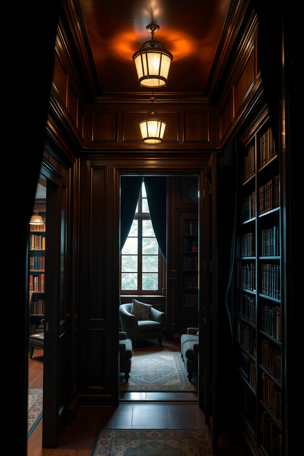 Hidden doorways lead to secret spaces filled with mystery and intrigue. The library features rich mahogany bookshelves that stretch from floor to ceiling, creating an intimate atmosphere. Soft, ambient lighting illuminates the room, highlighting the plush seating areas tucked away in cozy nooks. Dark velvet curtains frame the windows, adding an element of drama to the space while maintaining privacy.