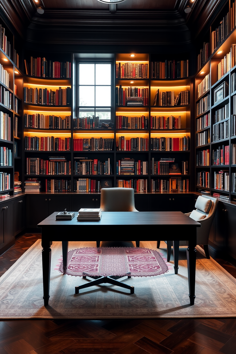 A stylish desk with a dark wood finish is positioned in the center of a cozy home library. The walls are lined with floor-to-ceiling bookshelves filled with an array of books, and a plush armchair sits invitingly in the corner. Soft, ambient lighting illuminates the space, creating a warm and inviting atmosphere. A large window allows natural light to filter in, highlighting the rich textures of the dark wood and the deep colors of the decor.