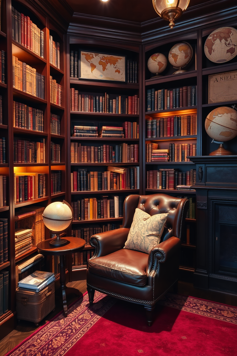 A cozy dark home library featuring rich mahogany bookshelves filled with vintage books and decorative globes. A plush leather armchair sits in the corner beside a small side table, while warm ambient lighting casts a soft glow over the space. Vintage globes and antique maps adorn the walls, creating a sense of adventure and exploration. A deep burgundy rug anchors the room, complementing the dark wood tones and enhancing the inviting atmosphere.