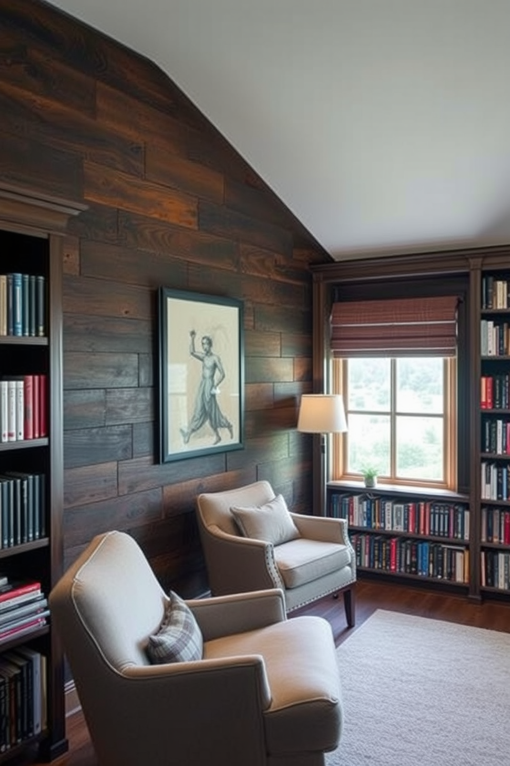 Create a cozy home library featuring an accent wall made of dark reclaimed wood that adds warmth and character to the space. The room is filled with floor-to-ceiling bookshelves, a plush reading chair, and soft ambient lighting to create an inviting atmosphere for reading and relaxation.