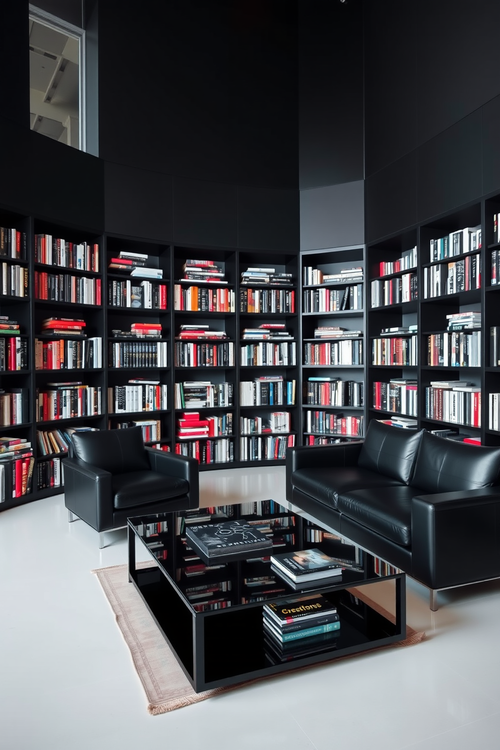 A dark home library featuring sleek black furniture with modern designs. The walls are lined with floor-to-ceiling bookshelves filled with an array of books, complemented by a minimalist black leather sofa and a glass coffee table.