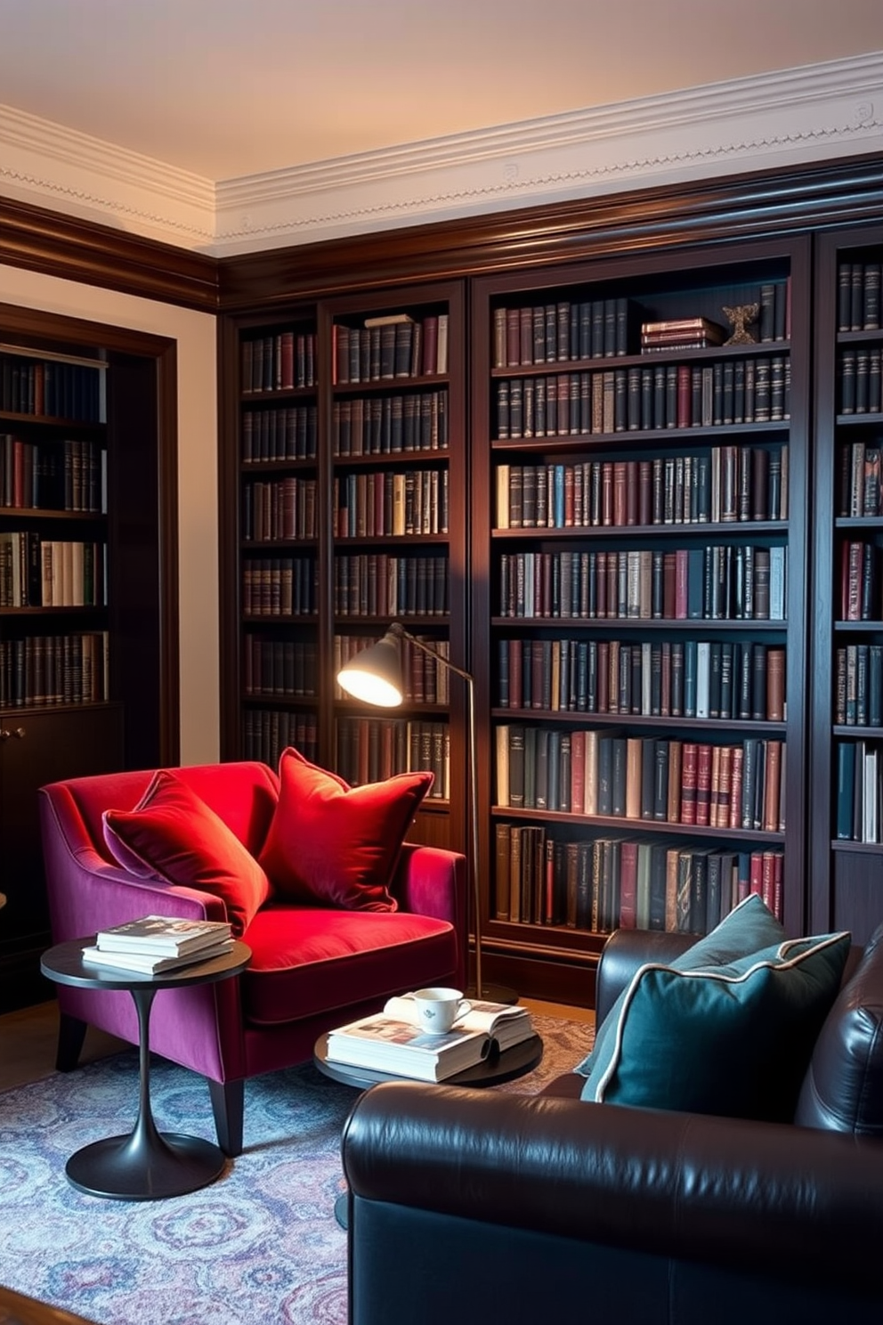 A hidden door seamlessly blends into the dark wood paneling of a sophisticated home library. Inside, shelves lined with books create an inviting atmosphere, illuminated by soft, warm lighting that enhances the rich tones of the furniture. The room features a plush leather armchair in the corner, perfect for curling up with a good book. A vintage globe rests atop a mahogany side table, adding a touch of elegance to the cozy, secluded space.