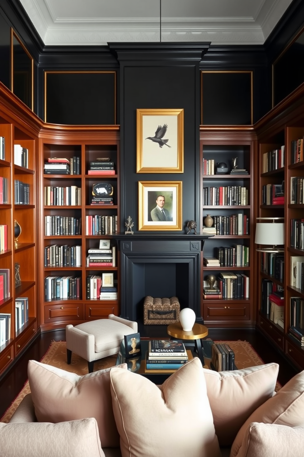 Elegant black walls create a dramatic backdrop for a sophisticated home library. Rich wooden bookshelves line the walls, filled with an extensive collection of books, while plush, gold-accented seating invites relaxation and reading. A grand chandelier hangs from the ceiling, casting a warm glow over the space. A sleek, dark wooden desk sits in the corner, complemented by a luxurious leather chair, adding functionality to the elegant design.