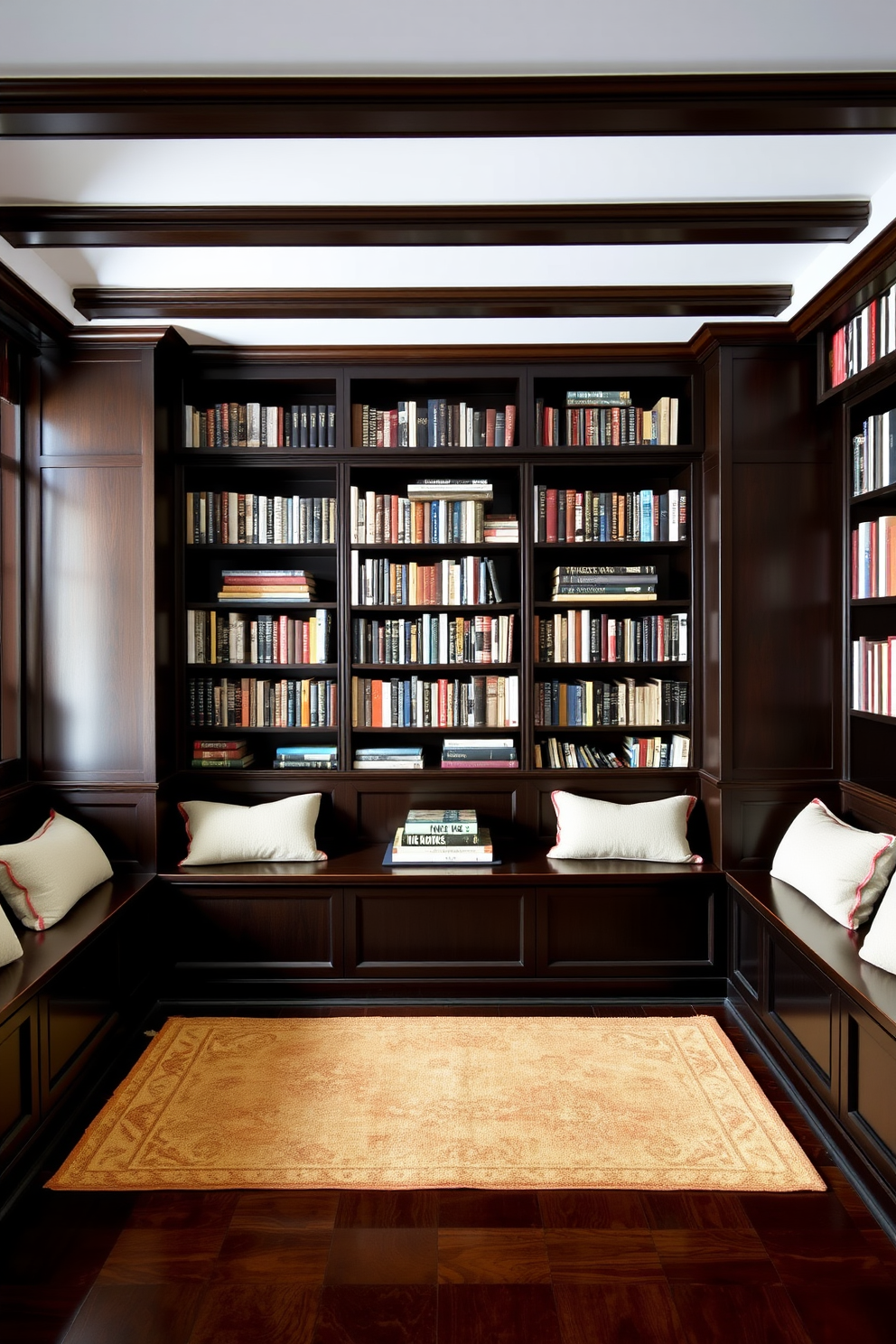 A cozy dark home library featuring built-in benches with plush cushions and ample storage underneath. The walls are lined with dark wood bookshelves filled with an array of books, and a warm area rug adds comfort to the space.