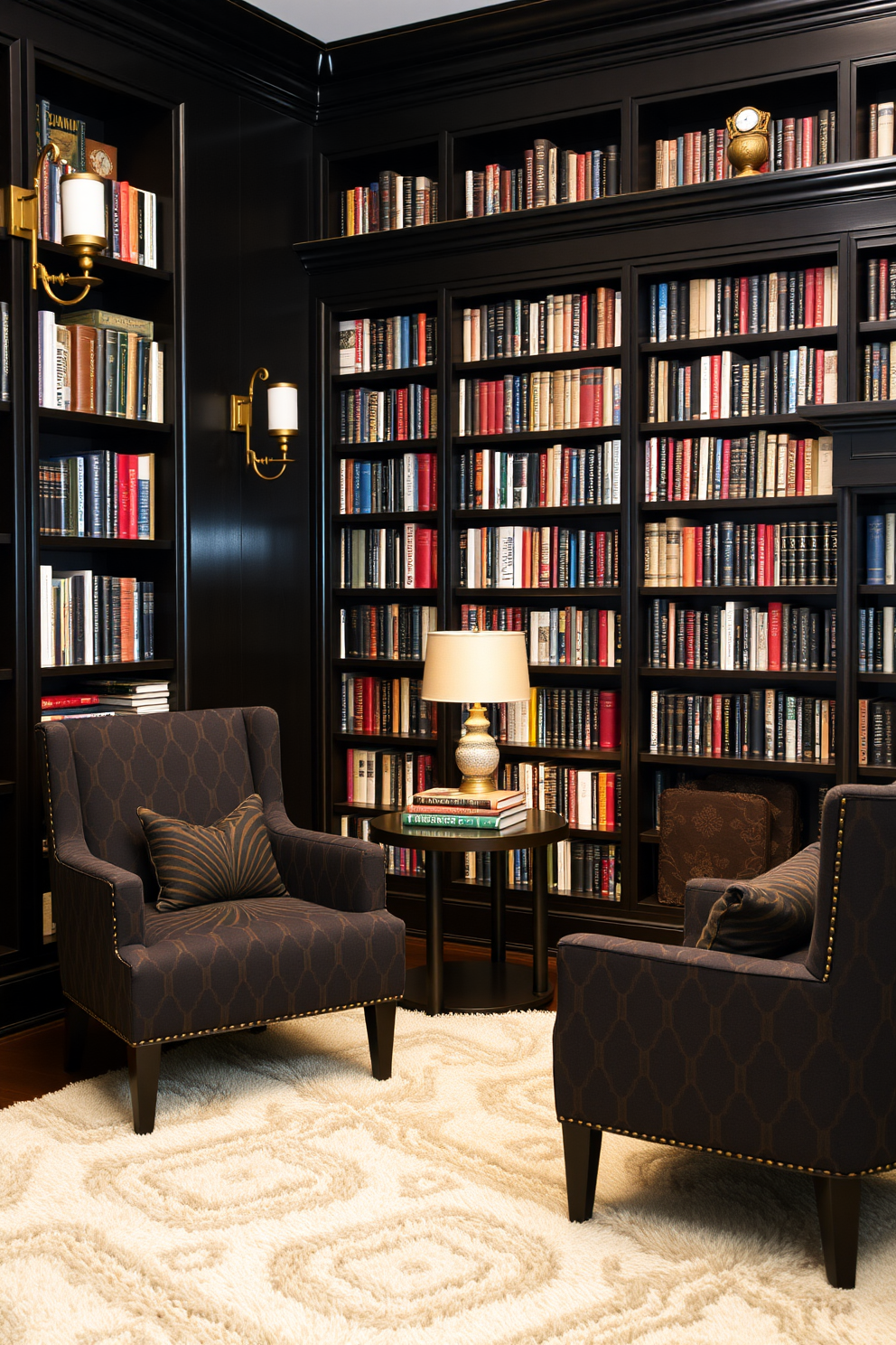 A cozy home library featuring dark accent chairs with bold patterns. The walls are lined with dark wooden bookshelves filled with a variety of books, and a plush area rug adds warmth to the space. Soft lighting from stylish sconces illuminates the room, creating an inviting atmosphere. A small side table beside the chairs holds a stack of books and a decorative lamp, enhancing the library's charm.