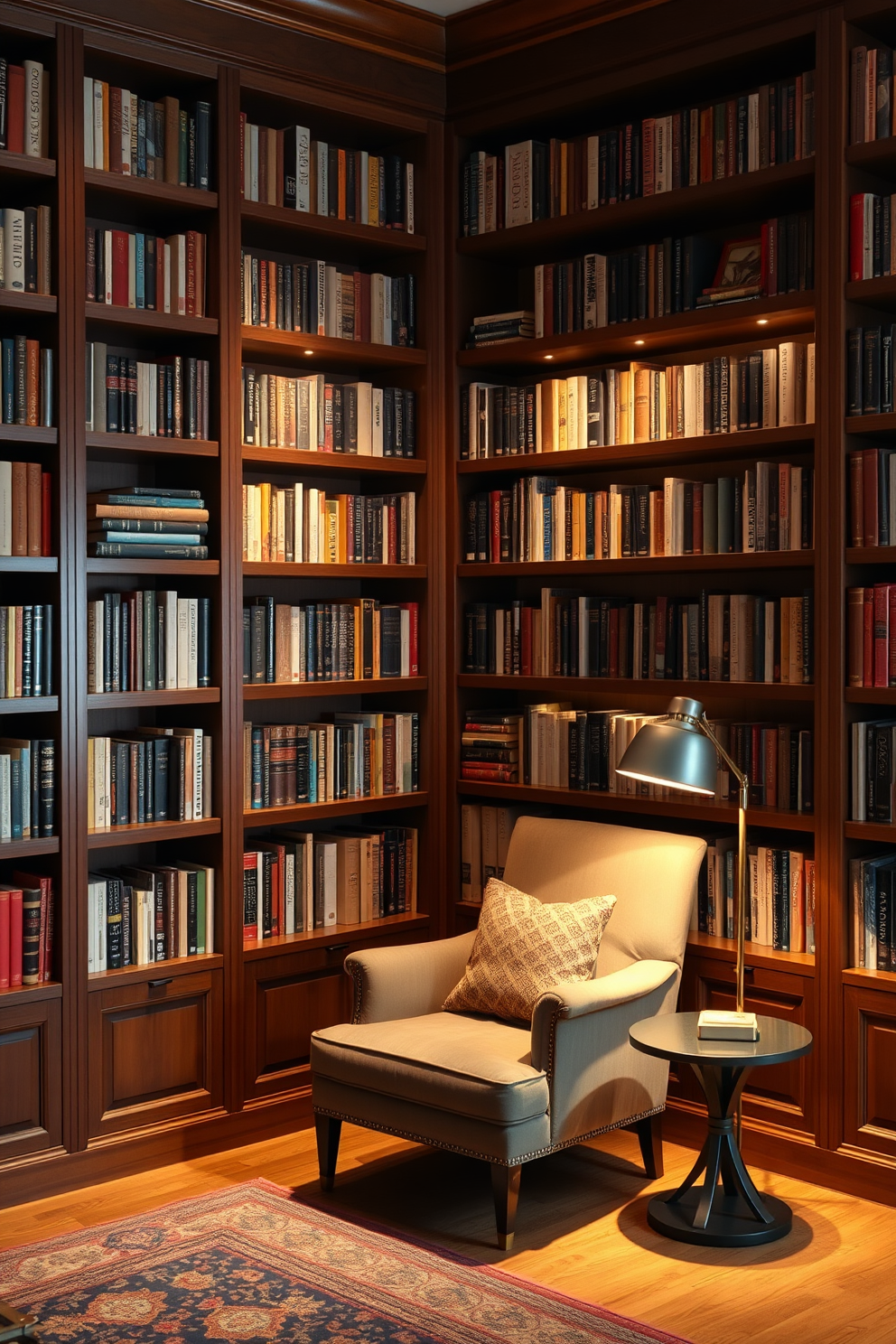 A cozy home library with rich wooden bookshelves filled with books of various sizes. Soft mood lighting is provided by adjustable dimmers, casting a warm glow over a plush reading chair and a small side table.