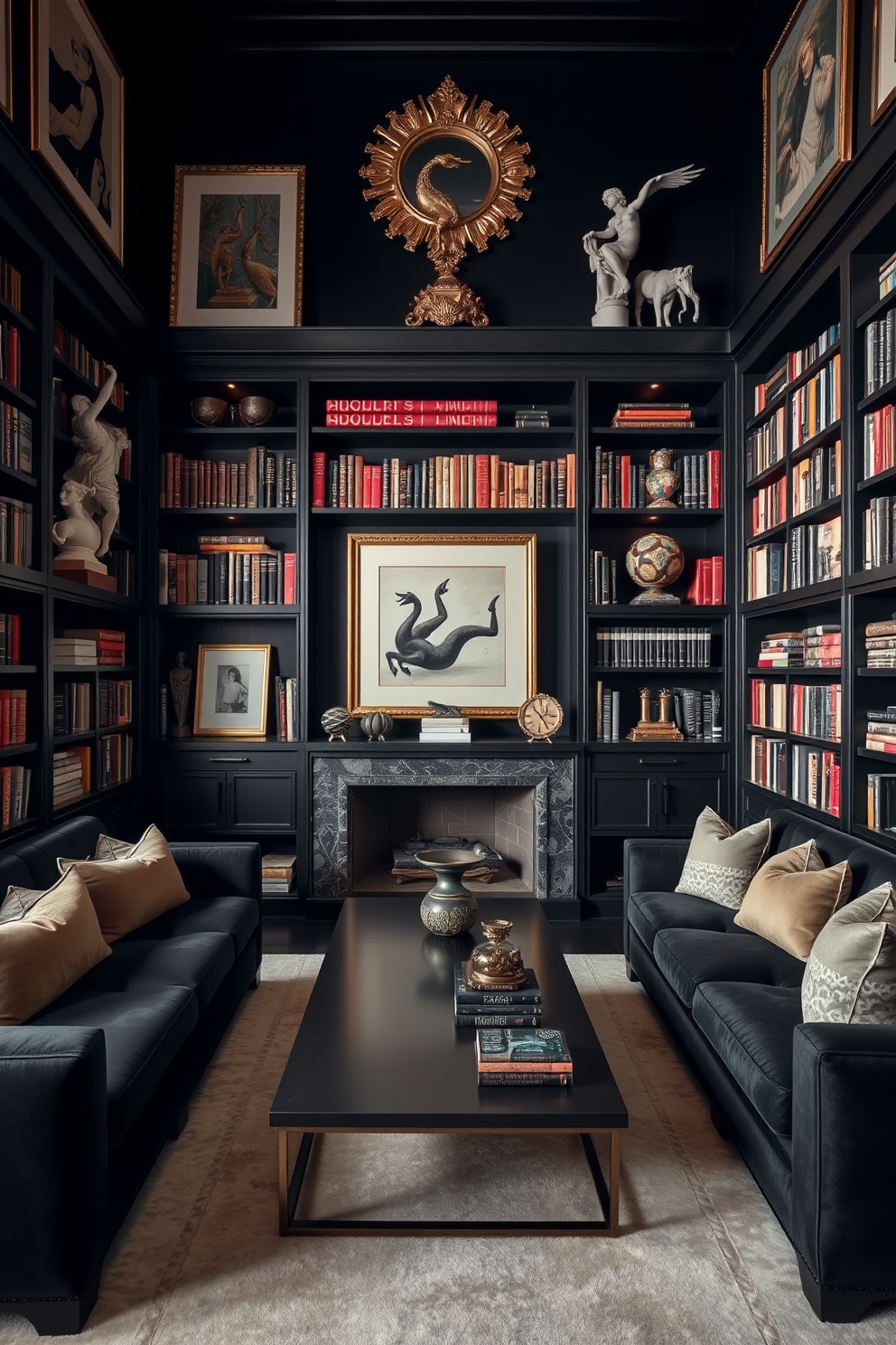 Sophisticated art pieces adorn the dark walls of a home library, creating a striking contrast that draws the eye. Plush seating is arranged around a sleek coffee table, inviting relaxation and conversation amidst the elegance of the space. The shelves are filled with an extensive collection of books, interspersed with unique sculptures and framed artwork. Soft lighting highlights the textures of the dark wood and the rich colors of the decor, enhancing the cozy yet refined atmosphere.