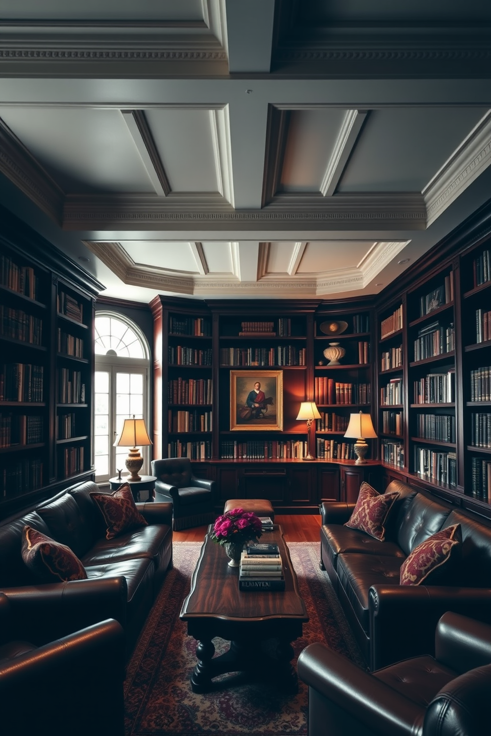 A dark home library with rich mahogany bookshelves filled with an array of books. The room features plush leather seating arranged around a vintage wooden coffee table, creating an inviting reading nook. Crown molding adorns the ceiling, adding a touch of elegance to the space. Soft, ambient lighting illuminates the room, highlighting the intricate details of the decor and inviting relaxation.