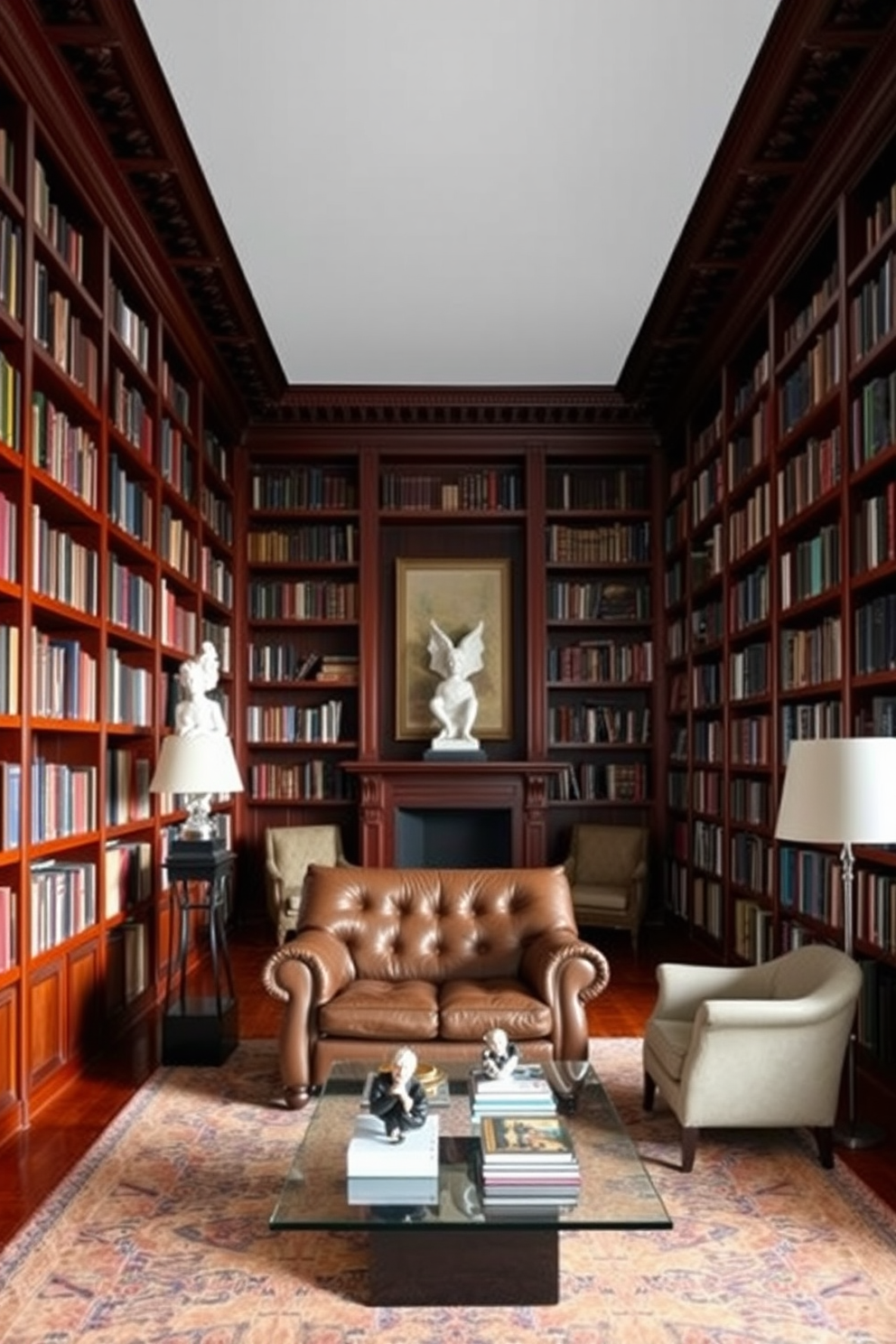 A dark home library with rich mahogany bookshelves reaching the ceiling filled with an extensive collection of books. In the center, a large, plush leather armchair is paired with a sleek glass coffee table, while unique sculptures are strategically placed on the shelves as focal points.