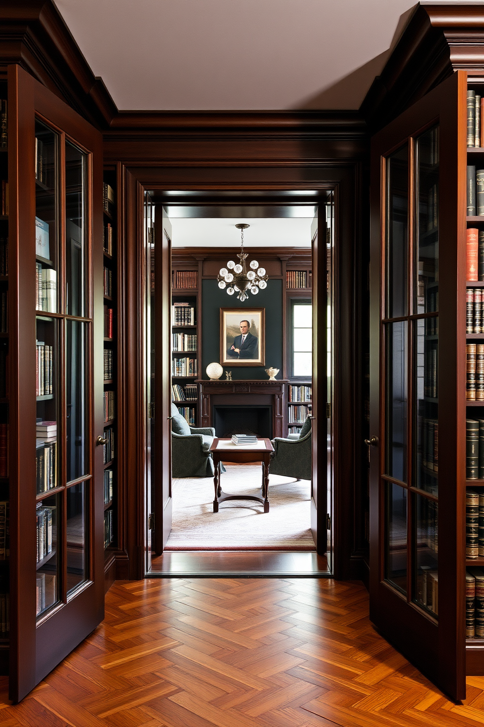 A dark and cozy home library features glass doors that elegantly separate the space from the rest of the house. The walls are lined with deep mahogany bookshelves filled with an extensive collection of books, creating a rich and inviting atmosphere.