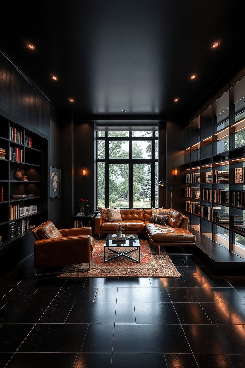 A modern home library featuring dark tile flooring creates a sleek and sophisticated atmosphere. The walls are lined with built-in shelves filled with books, and a comfortable reading nook is positioned near a large window. The furniture includes a plush leather sofa and a stylish coffee table, providing a perfect space for relaxation. Ambient lighting fixtures are strategically placed to enhance the dark, moody aesthetic of the room.