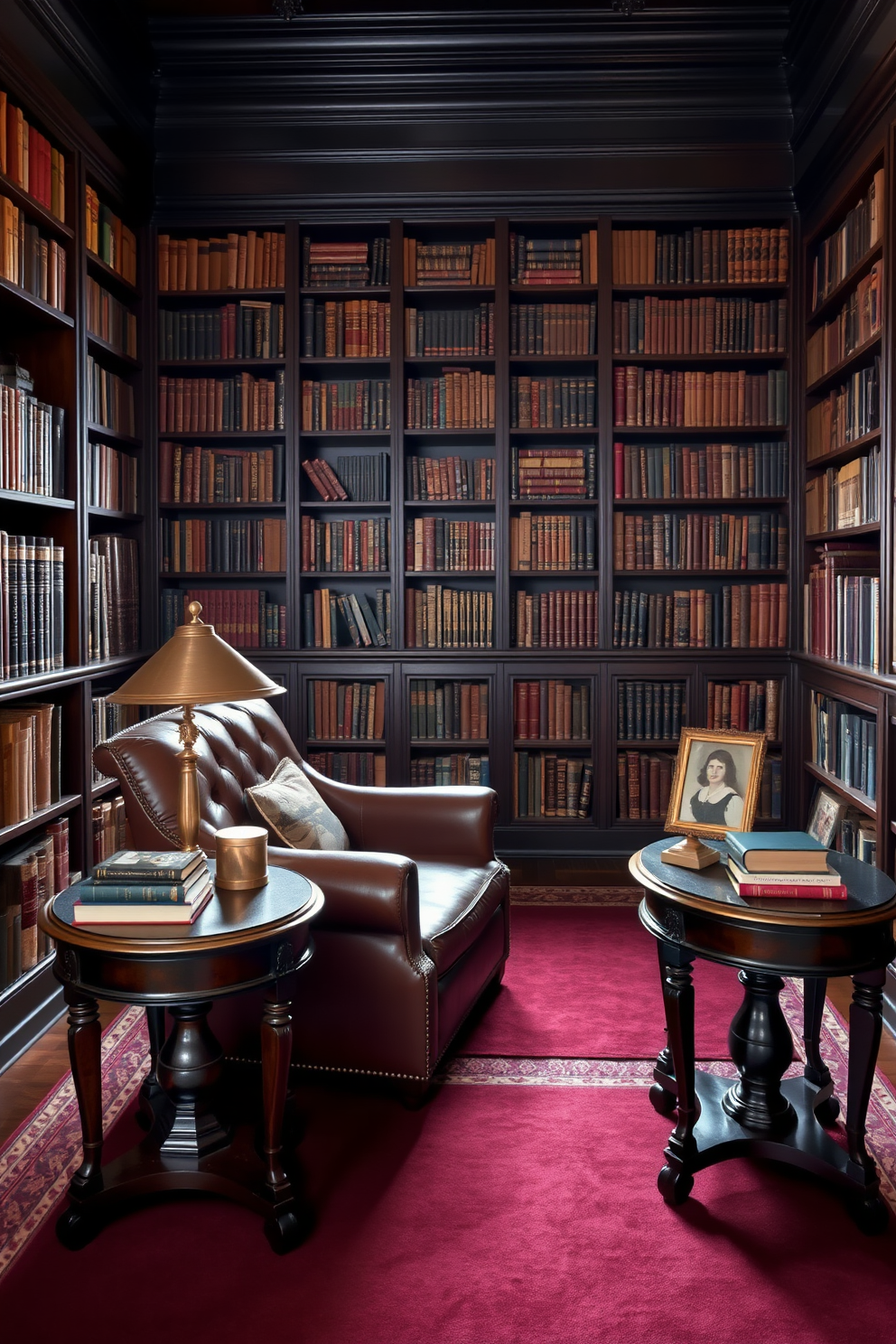 Antique side tables with dark finishes are positioned on either side of a plush leather armchair. The tables are adorned with vintage books, a small brass lamp, and framed family photographs, creating a warm and inviting atmosphere. The dark home library features rich mahogany bookshelves that stretch from floor to ceiling, filled with an array of classic literature. A deep burgundy rug anchors the space, while soft amber lighting casts a cozy glow over the reading nook.