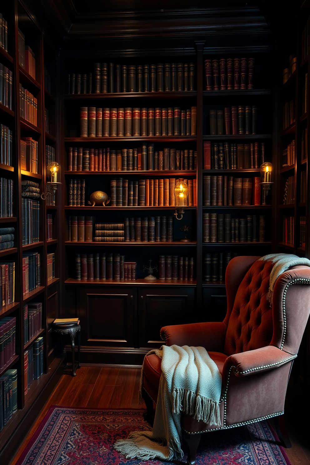 A cozy home library designed for a character who loves the dark and mysterious. Rich mahogany bookshelves line the walls, filled with leather-bound volumes and antique curiosities. A plush velvet armchair sits in the corner, draped with a soft throw blanket. Dim lighting from ornate sconces casts a warm glow, creating an inviting atmosphere for reading and reflection.