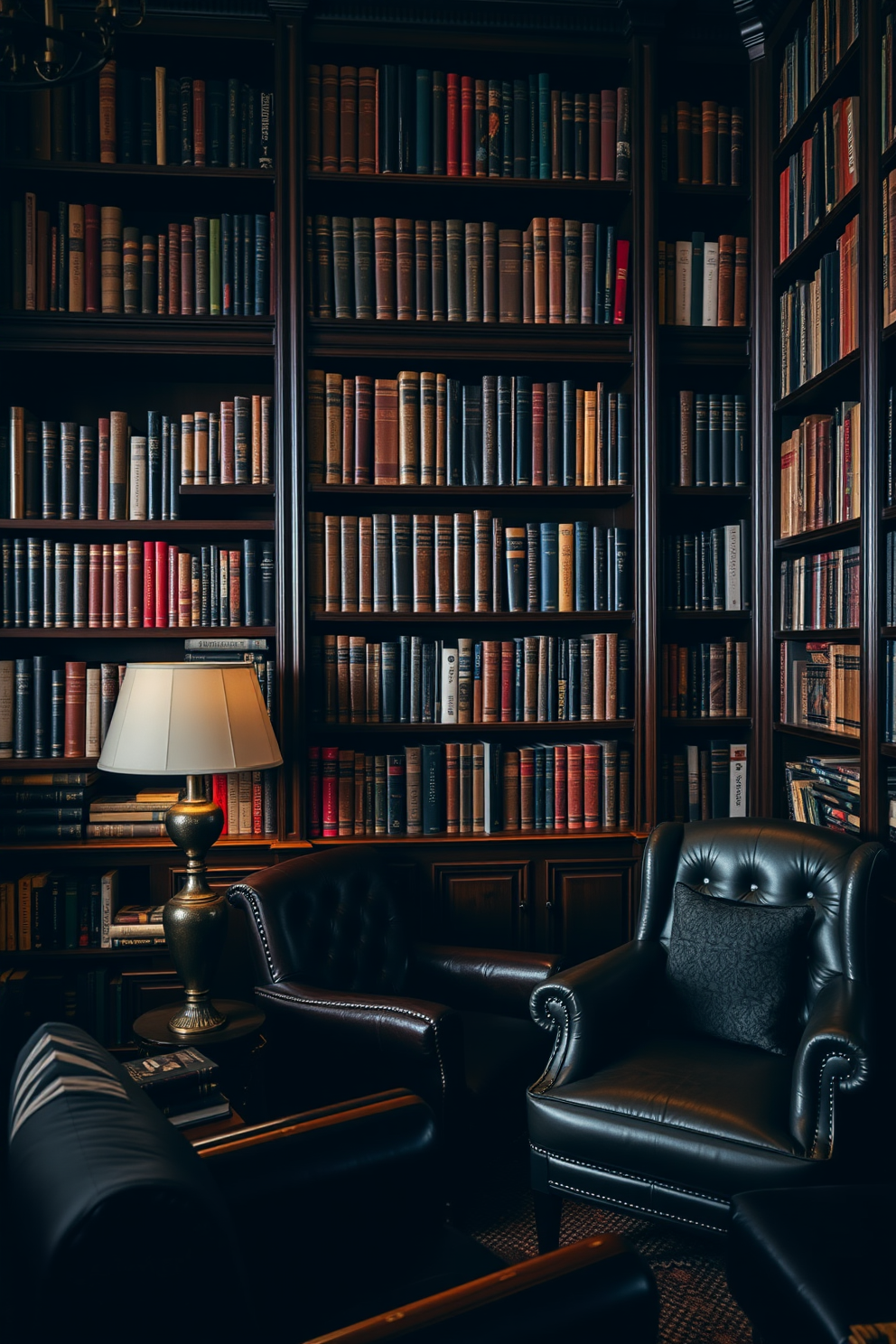 A dark home library featuring rich mahogany bookcases filled with an extensive collection of books. Plush seating arrangements, including a deep leather armchair and a cozy reading nook, create an inviting atmosphere for relaxation and study.