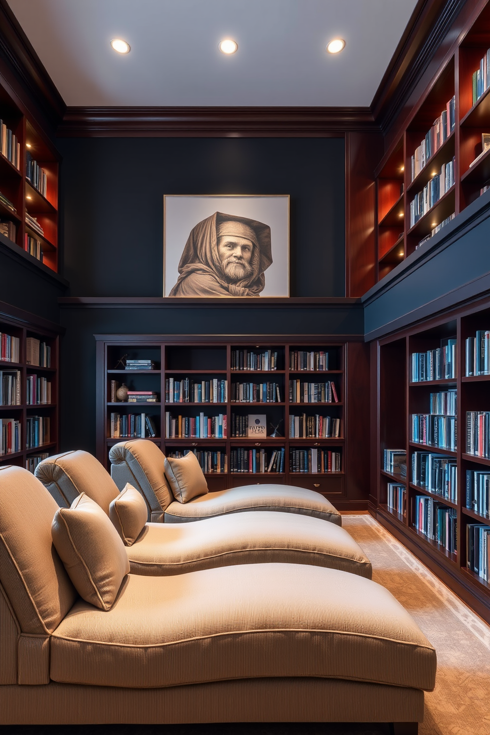 Comfortable chaise lounges for relaxation. The room features plush fabric upholstery in a soft neutral tone, surrounded by warm wood shelves filled with books. Dark Home Library Design Ideas. The walls are painted in a deep navy blue, with rich mahogany bookshelves that reach from floor to ceiling, illuminated by soft, ambient lighting.