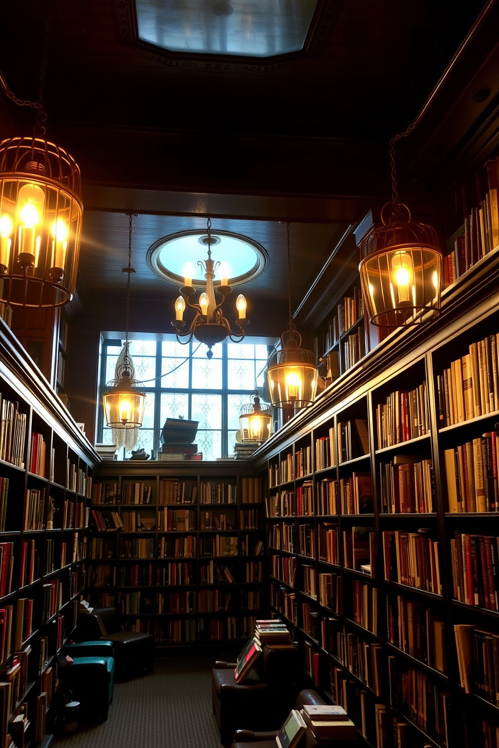 Moody lighting envelops the space, with vintage chandeliers casting a warm glow throughout the room. Dark wood bookshelves line the walls, filled with an array of well-loved books, creating an inviting atmosphere for reading and reflection.