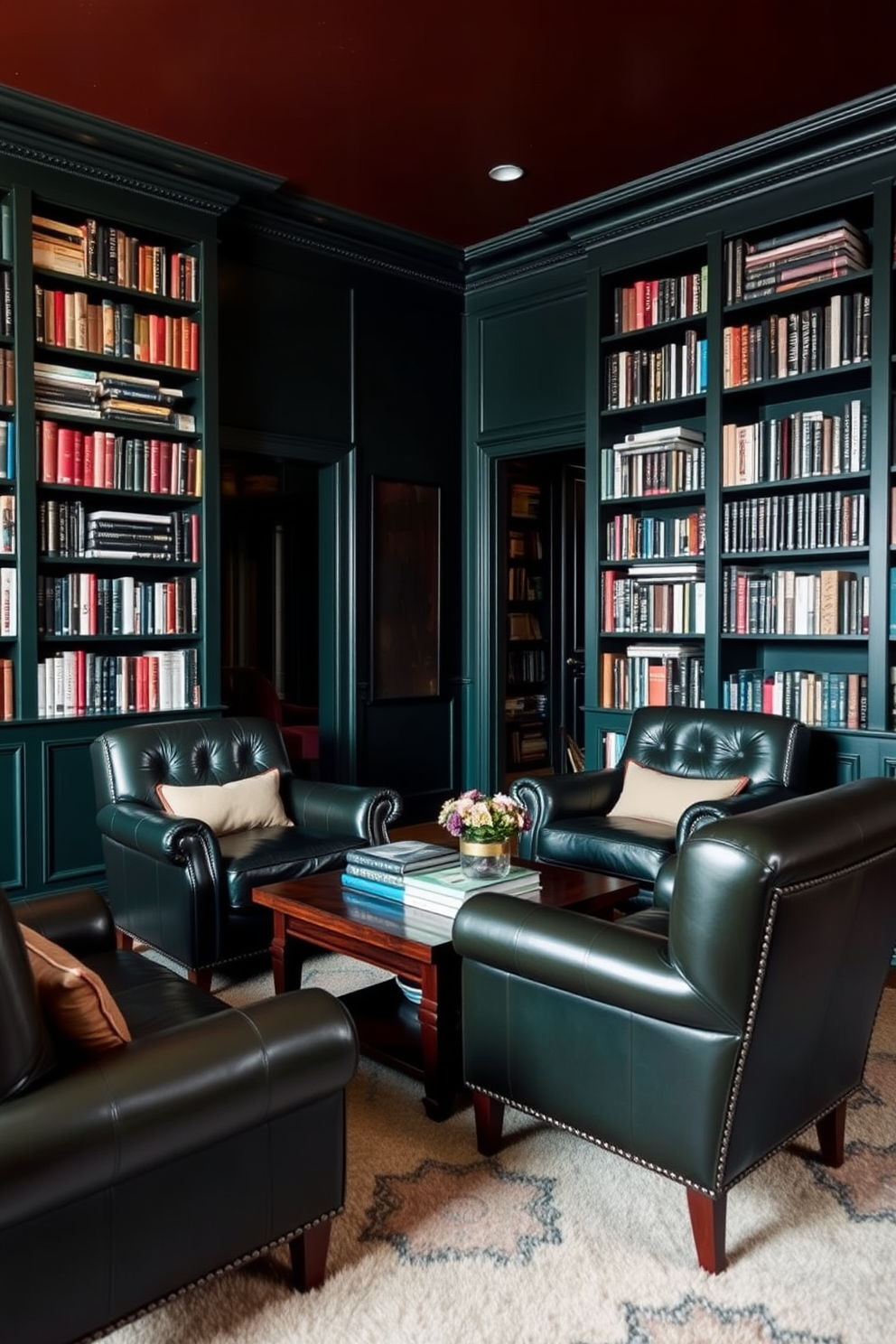 A cozy home library with dark green walls creates an inviting atmosphere. Plush leather chairs are arranged around a wooden coffee table, inviting relaxation and reading. Bookshelves filled with an array of books line the walls, adding character to the space. A soft rug underfoot complements the rich colors and provides comfort.