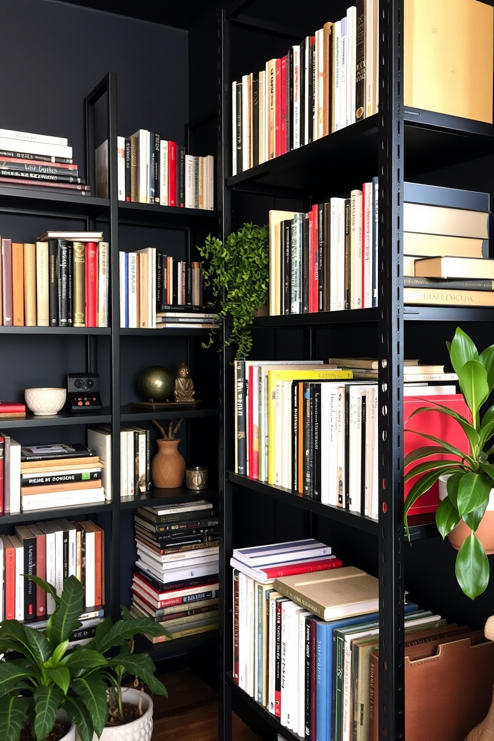 Industrial shelves with black metal frames line the walls of a dark home library. The shelves are filled with an array of books, decorative objects, and potted plants, creating a cozy yet modern atmosphere.