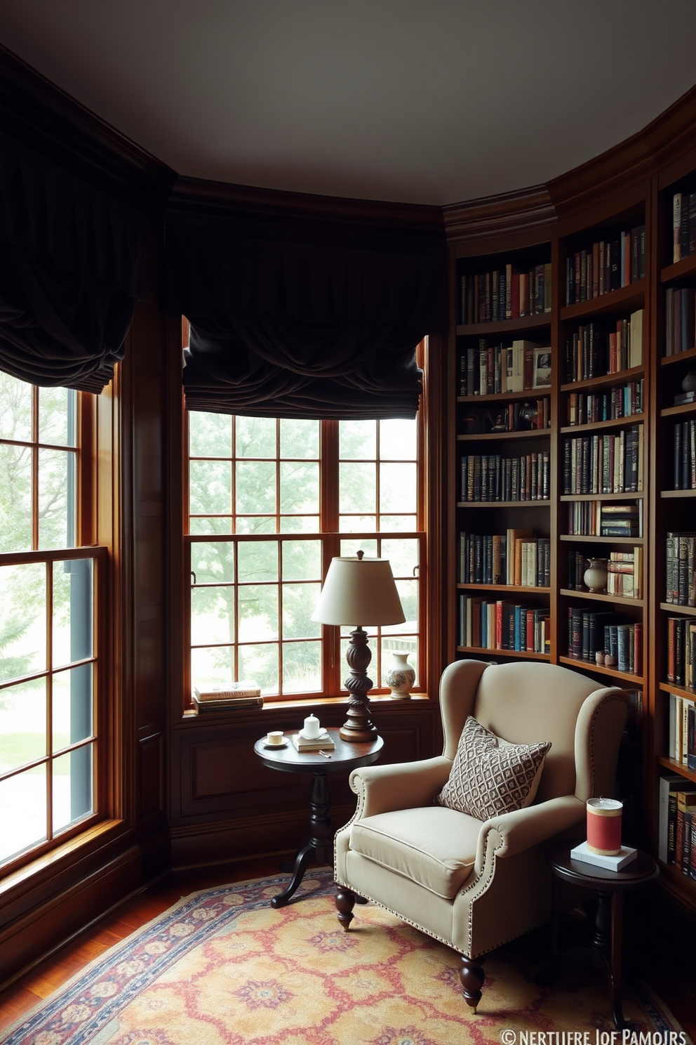 A cozy home library with floor to ceiling windows dressed in dark curtains that create an intimate atmosphere. The walls are lined with rich wooden bookshelves filled with an array of books, and a plush reading chair is nestled in the corner next to a small side table.