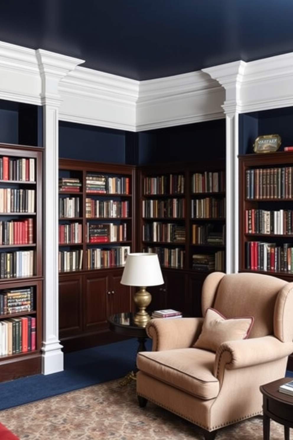 A dark home library setting with rich wooden bookshelves filled with an array of books. The walls are painted in a deep navy blue, and dark velvet curtains frame the large windows, adding a touch of drama to the space.