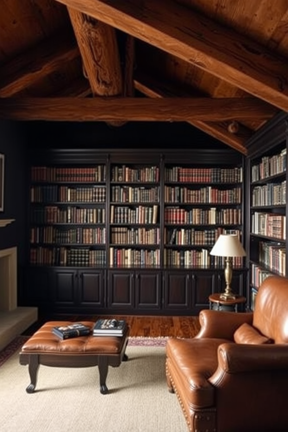 A cozy dark home library features rustic wooden beams that stretch across the ceiling, adding warmth and character to the space. Dark stained furniture, including a large bookshelf filled with leather-bound books and a plush reading chair, creates an inviting atmosphere for relaxation and study.